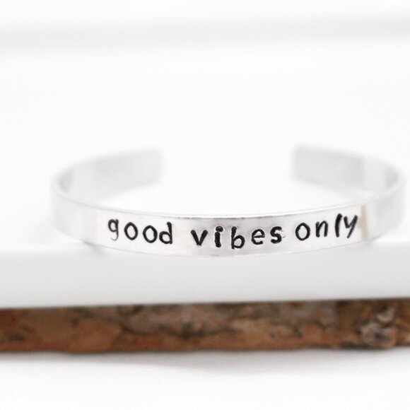 Good Vibes Only - Hand Stamped Anodized Aluminum Bangle - Adjustable - Picture 9 of 11